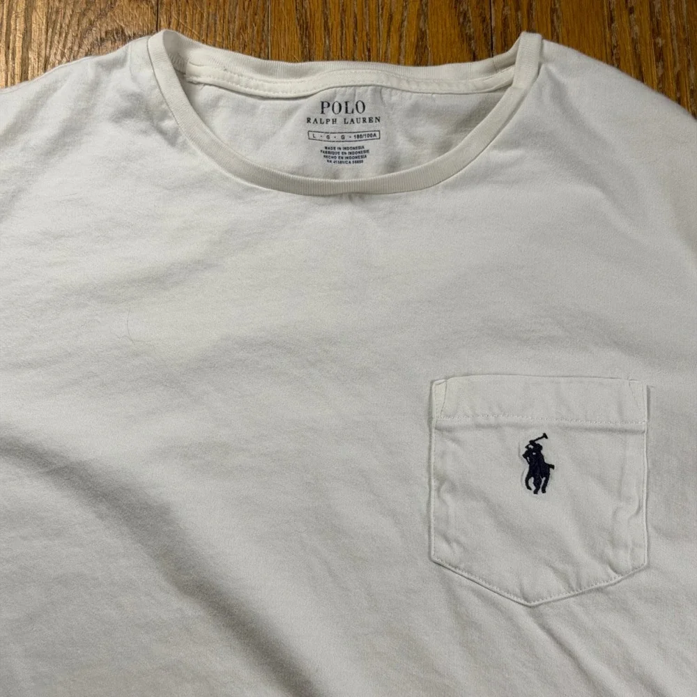 Polo Ralph Lauren Mens White Long Sleeve Pocket T-Shirt Navy Blue Pony Logo L